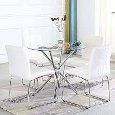 Picket house furnishings keaton 5 piece round dining set. Buy Dining Table Set For 4 Modern Kitchen Table And Chairs For Small Space Round Glass Dining Table Faux Leather Dining Room Chairs Set Of 5 Pieces Easy Assembly For Home Business Table 4 White Chairs Online In