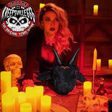 Two crescent moons flank the face as 4 small pentagrams detail. Goathead Baphomet Plush Purse Bag By Kreepsville 666