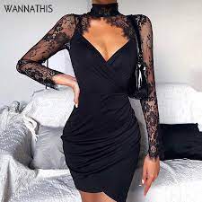 Wholesale7.net offers the latest fashion long sleeves dress with cheap price and top quality. Wannathis Black V Neck Patchwork Lace Long Sleeve Bodycon Dress Slim Asymmetry Hem Women Ruched Autumn New Elegant Party Dresses Dresses Aliexpress