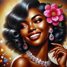 VictoryWins A vibrant realistic oil painting of a stylish Black woman with  long, curly hair styled in voluminous waves. She is wearing a luxurious  black mink fur coat and a matching black