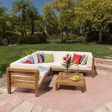 Ravello 4 Piece Outdoor Wooden Sectional Set W Dark Grey Cushions Pallet Furniture Outdoor Rustic Outdoor Furniture Garden Furniture Design