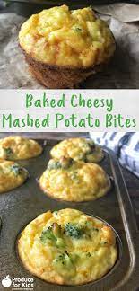 Baked Cheesy Mashed Potato Bites Recipe Produce For Kids Recipe Potato Bites Cheesy Mashed Potatoes Cheesy Baked Mashed Potatoes
