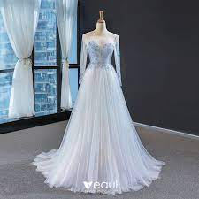 High End White Sky Blue See Through Evening Dresses 2020 A Line Princess Square Neckline Long Sleeve Beading Sweep Train Backless Formal Dresses White Evening Dress Prom Dresses Long Lace Evening Dresses