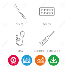 Electronic Thermometer Tablets And Scalpel Icons Enema Linear