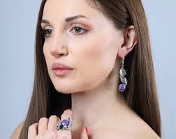 Large Earrings Dangle, Twisted Earrings 925 Sterling Silver, Round Stone  Charoite Earrings for Women, Long Dangle Drop Crystal Earrings