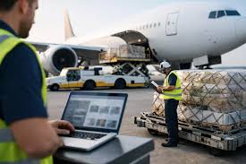 Air cargo containers being loaded into a freight plane