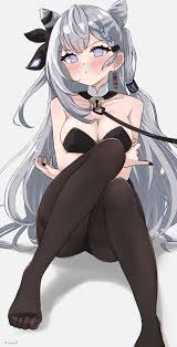 magui3, vestia zeta, hololive, hololive indonesia, absurdres, commentary,  english commentary, highres, 1girl, @ @, black nails, black pantyhose, blue  eyes, blush, breasts, cleavage, detached collar, earrings, grey hair, hair  ears, jewelry, large