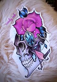 Neo Traditional Girly Tattoo Design Rose Flower Emerald Crystal Diamond Skull Traditional Rose Tattoos Rose Tattoo Design Girly Tattoos