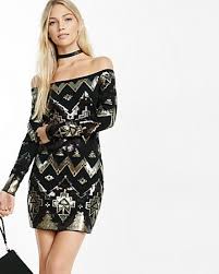 Off The Shoulder Deco Sequined Dress Long Sleeve Mini Dress Express Sequin Dress Mini Skirt Dress