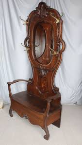 Antique Oak Hall Seat Tree Lift Storage Seat Beveled Mirror Coat And Hat H Hall Tree With Mirror Antique Hall Tree Beveled Mirror