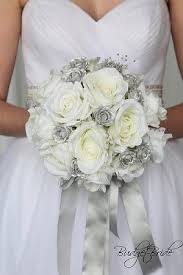 Blue white and silver wedding | 8pc royal blue white silver silk wedding flowers by petalnpink, $107. Round Bridal Bouquet With Silver And White With Silver Pearls Bride Bouquets White Wedding Bridal Bouquets Silk Flowers Wedding