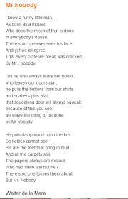 Mr Nobody Walter De La Mare Ok I Know I M Giving Away My Age But This Was A Favorite Poem Mom Read To Us Funny Poems Childrens Poems Funny Poems