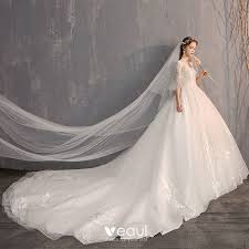 Hier finden sie brautkleider, kurze standesamtkleider, festliche abendmode, hochzeitsaccessoires, brautschuhe und viel inspiration. Luxus Herrlich Weiss Ballkleid Brautkleider Hochzeitskleider 2019 Tulle Spitze V Ausschnitt Applikationen Ruckenfreies Perlenstickerei Perle Pailletten