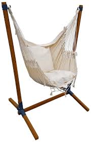 Made of durable steel, this versatile stand can be used in a number of indoor or outdoor locations including the patio, living room, deck, front porch, or bedroom. Hanging Chair Brazil With Hanging Chair Stand Made Of Bamboo