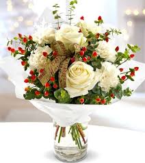 These berry wedding bouquets prove that berries pair beautifully with flowers. Christmassy Flower Bouquet With White Roses Red Berries Greenery And Ribbon I Husi Bloma Flower Delivery Shop Iceland