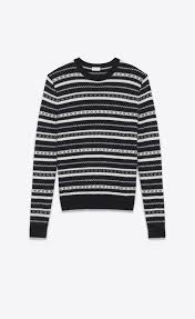 Black And White Striped Sweater Mens Saint Laurent Knitwear Tops Man Round Neck Sweater In Black And White Striped Knit A V4 Round Neck Sweaters Knitwear Men Striped Knit