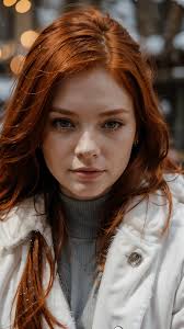A close up of a woman with red hair and a white jacket