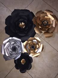 Black And Gold Paper Flowers Black Gold And Silver Paper Flowers For Backdrop By Bedazzleyoucreations On Etsy Black Gold Party Silver Party Decorations Paper Flowers