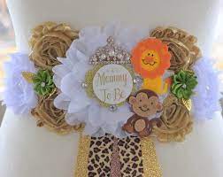 Safari Jungle Baby Shower Sash And Pin Set Jungle Safari Baby Shower Safari Flower Sash Safari Corsage Pin Safari Shower Custom Order In 2021 Baby Shower Sash Jungle Safari Baby Shower