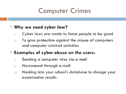 For example computer crimes act 1997 talk about specific offences like unauthorized access and unauthorized modification ans also wrongful communication but it did not mention more about forgery, cheating, fraud, misappropriation of property, impersonation, defamation, theft, obscenity, etc. Computer Ethics And Legal Issues
