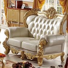 Modern Antique Design European Style Solid Wood Golden Color Carving Living Room Furniture Leather Sofa Leather Living Room Furniture Sofa Set Leather Sofa Set