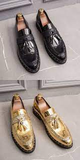 Shop david's bridal stunning collection of gold dress shoes including high heels, pumps & flats perfect to wear to a wedding, evening events, or prom! Us 26 2 Click To Buy Prelesty Formal Party Men Dress Shoes Rhinestone Tassel Loafer Shining Gold Business Abendschuhe Kleid Mann Herrenschuhe Stiefel