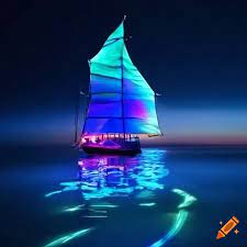 Art of a magical ship with glowing sails at the dock on Craiyon