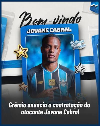 REFOR&Ccedil;O ANUNCIADO! O Gr&ecirc;mio confirmou, nesta quinta-feira (23), a contrata&ccedil;&atilde;o do atacante Jovane Cabral, de 28 anos de idade. O jogador, que disputou a Copa do Mundo la sele&ccedil;&atilde;o de Cabo Verde,