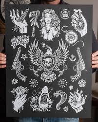Black and grey tattoos are known for smooth soft shading and fine line details along with a full range of black, skin, and many shades of grays. American Traditions Flash Limited Edition Screen Print Strawcastle