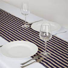 Not available at clybourn place. 14 X108 Navy Blue Stripes Natural Burlap Table Runner Efavormart