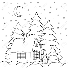 Coloring book for children with cartoon objects: Hand Draw Village House Behind The Fence Coloring Book Page For Adults And Children Winter Country Landscape House Moon Stars Fir Trees Snowman Royalty Free Cliparts Vectors And Stock Illustration Image 78864258