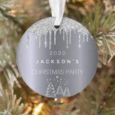 Christmas Party Silver Glitter Drip Trees Forest Ornament Zazzle Com Engraved Christmas Ornaments Christmas Tree Ornaments Glam Christmas