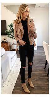 Brown Ankle Boots With Black Jeans And Brown Leather Jacket Jeans And Boots Outfit Fall Clot Black Boots Outfit Leather Jacket Outfits Jeans Outfit Women