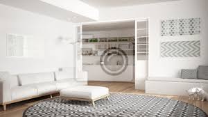 Der lange, dichte flor des teppichs ist weich und einladend. Minimalistisches Wohnzimmer Mit Sofa Grosser Runder Teppich Und Fototapete Fototapeten Pouffe Appartment Mobliert Myloview De