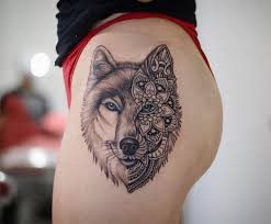 Pretty And Unusual Wolf Portrait Half The Face Covered With Mandala Patterns Girls Hip Tattoo By Samu Wolf Face Tattoo Wolf Girl Tattoos Animal Sleeve Tattoo