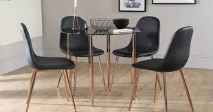 Argos home lido glass round dining table & 4 chairs. Horizon Round Black Glass Dining Table With 4 Brooklyn Chairs Copper Legs Dining Table Copper Copper Dining Room Glass Dining Set