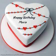 Red White Heart Happy Birthday Cake For Maria Heart Birthday Cake Birthday Cake Pictures Cake Name