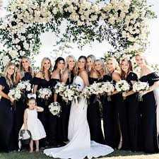Love The Bridesmaids In All Black So Chic Keeleyhsaunders Wedding Planne Wedding Bridesmaid Dresses Black And White Wedding Theme Dark Navy Bridesmaid Dresses