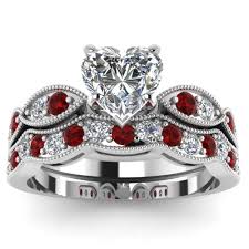 Heart Shaped Diamond Milgrain Weave Wedding Set With Ruby In 14k White Gold Womens Wedding Ring Sets Ruby Wedding Rings Heart Shaped Diamond