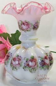 Vintage Fenton Charleton Rose Decorated Crest Art Glass Vase Fenton Glassware Glass Antique Glass