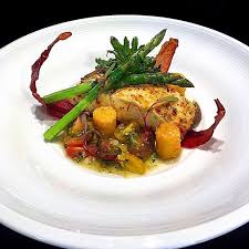 Baked Halibut Crisp Prosciutto Polenta Tots Baby Kale Balsamic Sauce Vierge Italian Recipes Halibut Prosciutto
