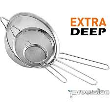 With a wide rim that guarantees stability and an ergonomic handle for comfort, you'll use this strainer over and over for straining, blanching, sifting flour, and dusting cakes with powdered sugar. Stainless Steel Set Of 3 Fine Mesh Strainer All Purpose Extra Deep Col Procizion