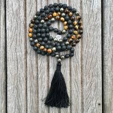 Collier Mala Force Et Courage Oeil De Tigre Pyrite Pierre De Lave 6 Mm Collier Mala Bijoux En Pierre Naturelle Pierre De Lave