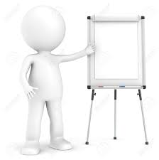 3d little human character with a blank flip chart and whiteboard