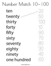 Perfect for sunday school or homeschooling. Number Match 10 100 Coloring Page Twisty Noodle Number Words Worksheets Kids Math Worksheets English Lessons For Kids