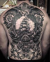 Tattoo By Juddbowman Back Piece Ship Eagle Traditional Black Blackwork Tattoo Los Angeles Judd Bo Traditional Back Tattoo Back Tattoo Traditional Black Tattoo