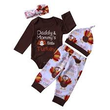 Goocheer Baby Boy Girl Thanksgiving Outfit Letters Print Bodysuit Turkey Pants And Hat Headband Clothes Set