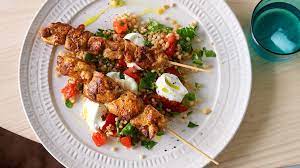 Pearl couscous, confit of lemon & parsley dressing roasted mediterranean. Marinated Chicken Skewers With Pearl Couscous Salad Shipudei Off Im Couscous Recipe Sbs Food