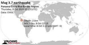 Terremoto leve mag. 3.7 - Océano Pacífico Norte, 55 km al suroeste de David, Panamá, Thursday 8 Oct 2026 a las 17:13 (Hora Panama)