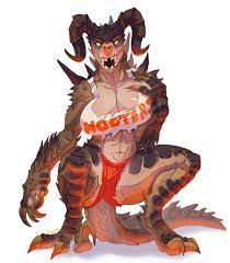 1girls abs anthro anthro only breast grab breasts clawed toes  claws cleavage clothed crouching deathclaw fallout female female deathclaw  female only fivel hooters hooters uniform horns large breasts lizard